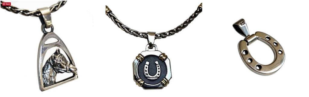 Three silver horse jewelry pendants.