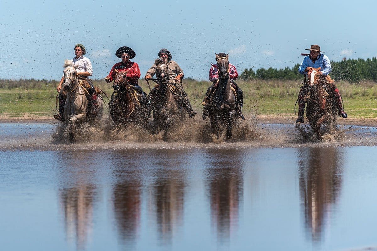 Five Argentine gauchos on h orseck riding through shallow water side by side.