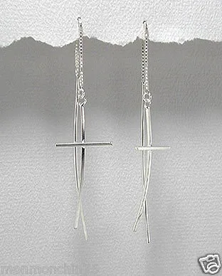 Sterling silver contoured cross threader earrings.