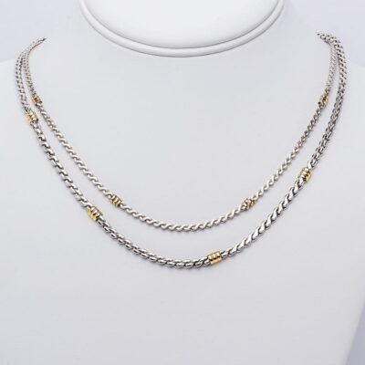 Solid sterling silver with 18KT gold accented unisex necklace.
