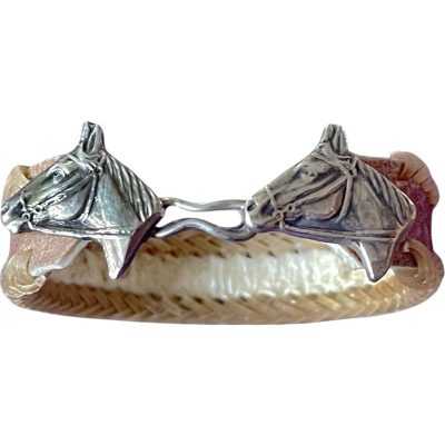 HANDMADE BRAIDED RAWHIDE LEATHER BRACELET - UNISEX ALPACA SILVER DOUBLE HORSEHEAD MOTIF