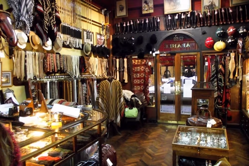 A store interior with handcrafted items including Argentine leather products.