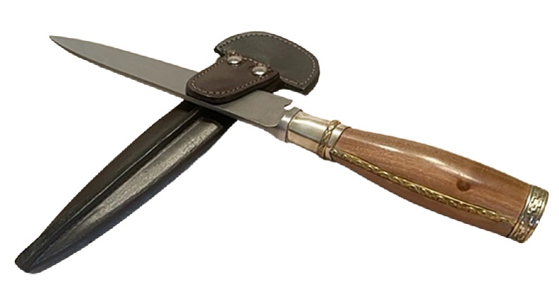 HANDMADE IN ARGENTINA, EXOTIC HARDWOOD GAUCHO CUCHILLO KNIFE with ORNATE BRASS DETAILING
