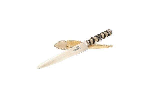 Hand braided rawhide tientos handle fixed blade Gaucho knife with leather shaft.