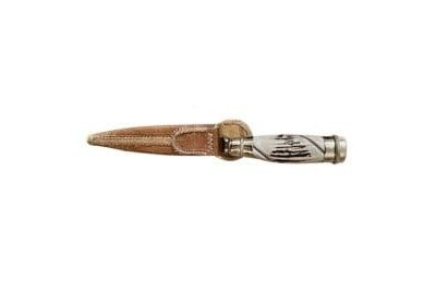 Sculpted handled staghorn antler gaucho knife with alpaca silver adornments.