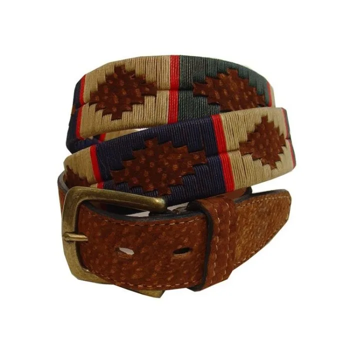capybara polo belt embroidered in tan and navy blue with a red stripe