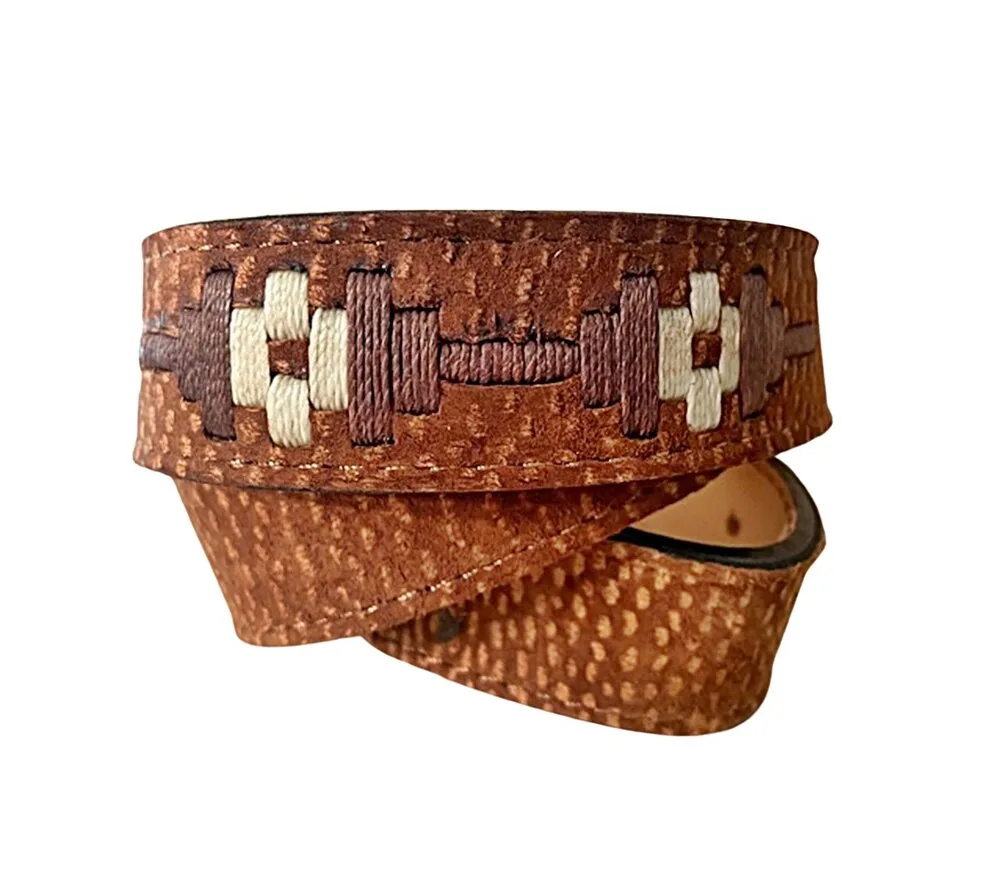 Hand-stitched capybara belt in deep red and khaki embroidery