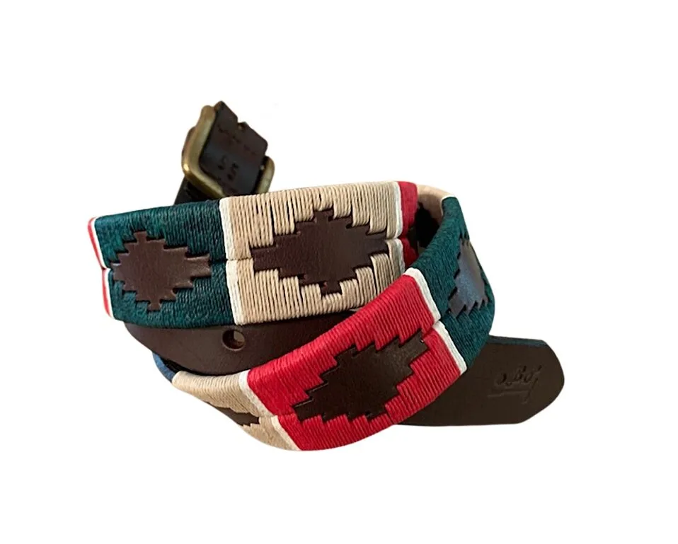 brown cow leather, embroidered in green red and white waxed theads