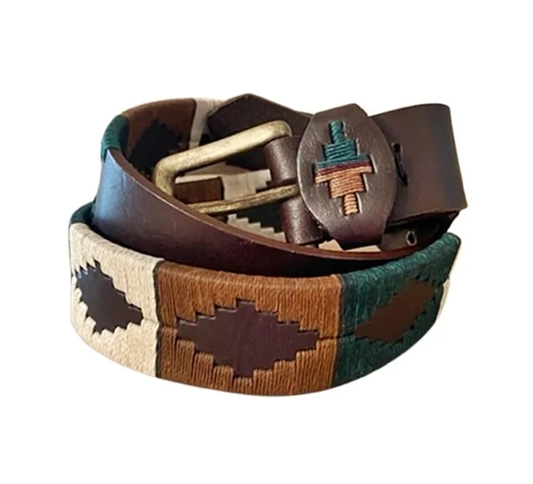 Brow 1005 argentino cow leather polo belt, embroidered in ivory, habano and hunter green waxed theads