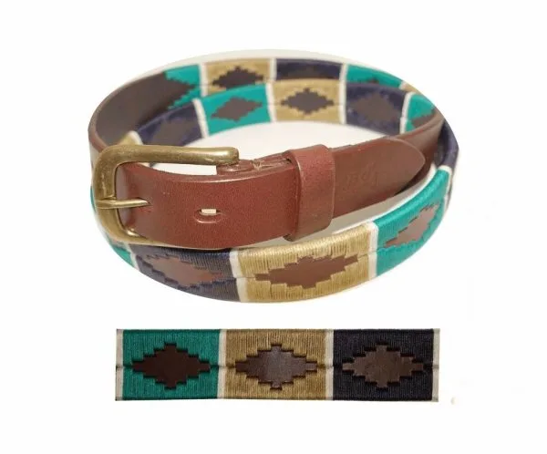 kelly green with tan and navy embroidered with white stripe polo belt and brass buckle