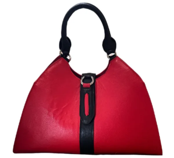 extra large cow leather handbag in red and black colors with two grab handles