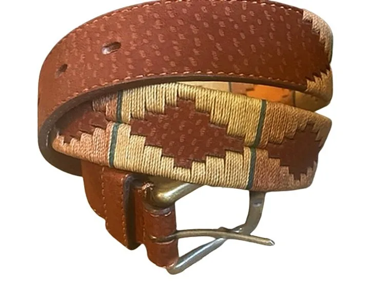authentic capybara polo belt, embroidered in tan and habano waxed threads