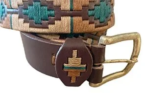 tan, habano and green embroidered polo belt in brown cow leather zoom