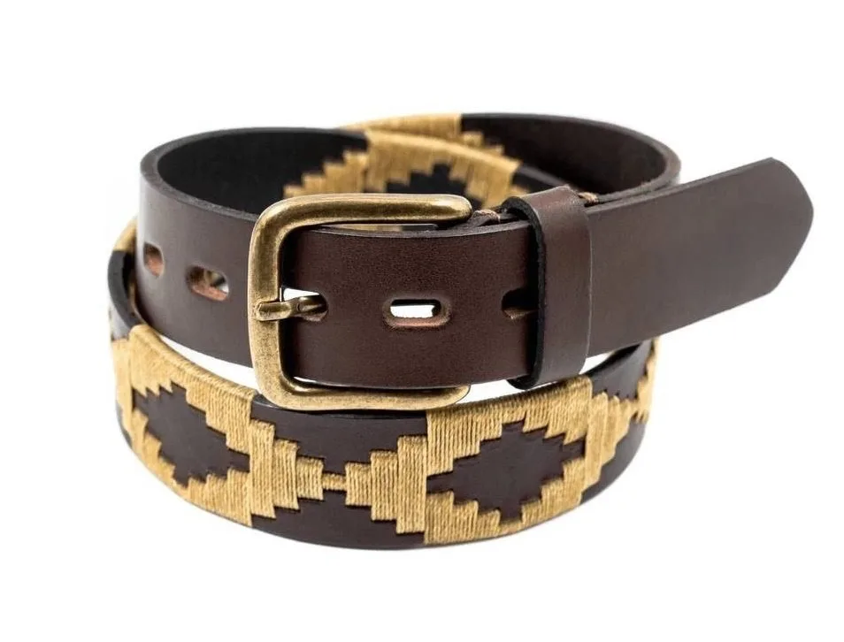 brown leather embroidered with tan waxed threads and brass buckle polo belt