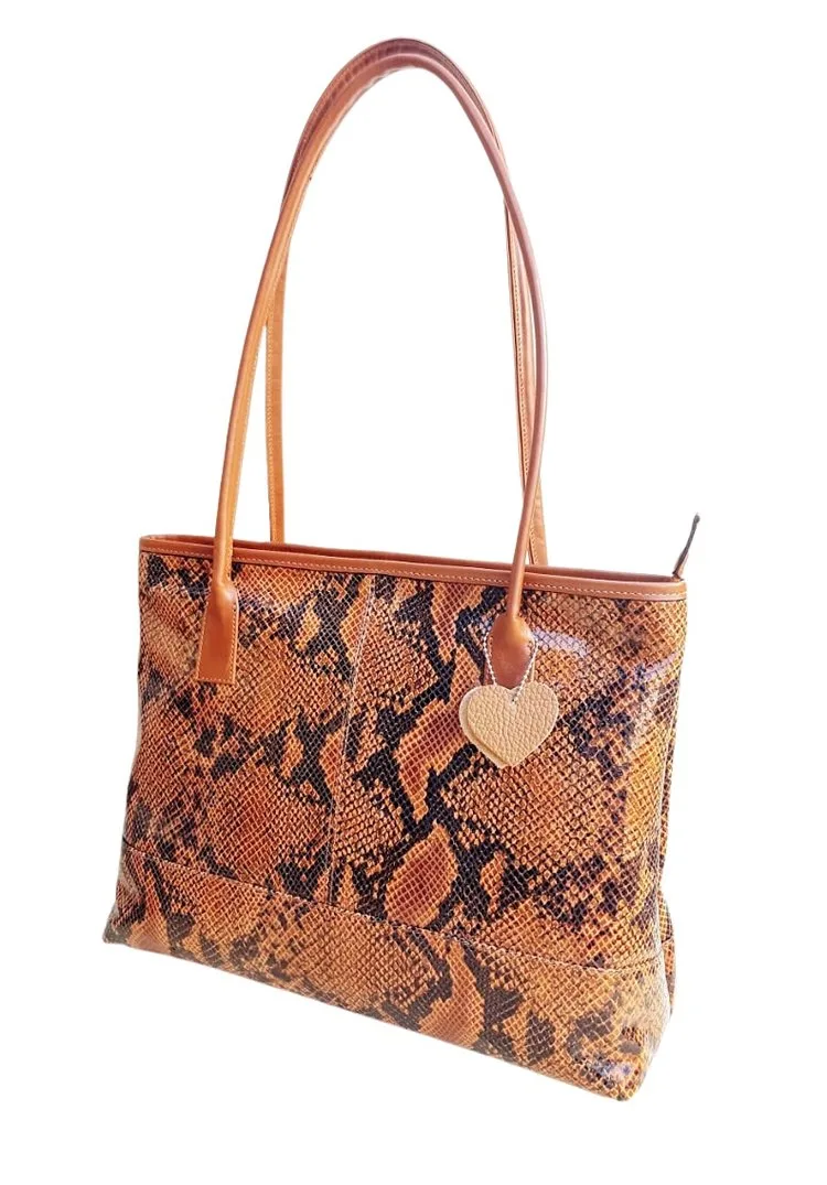 tan reptile print coehide leather shoulder bag