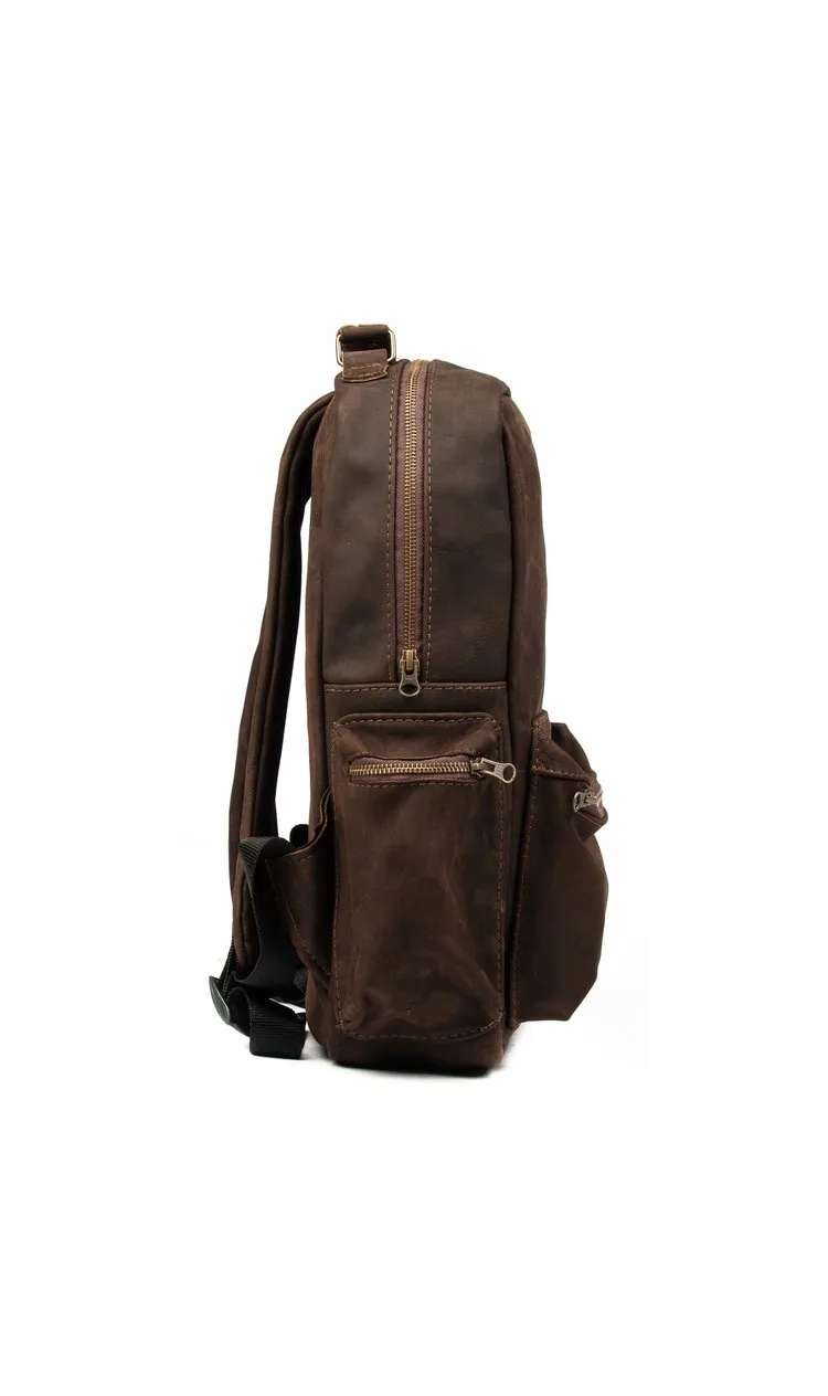 waxed brown leather backpack side view