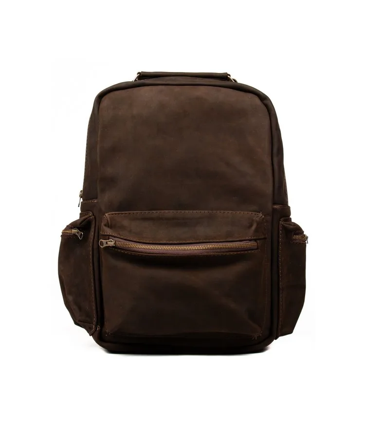 extra Large brown color waxes cow leather backpack with three external pockets