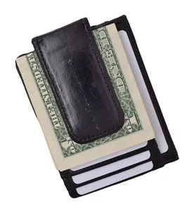 Eel skin money clip and credit card wallet with ID window.