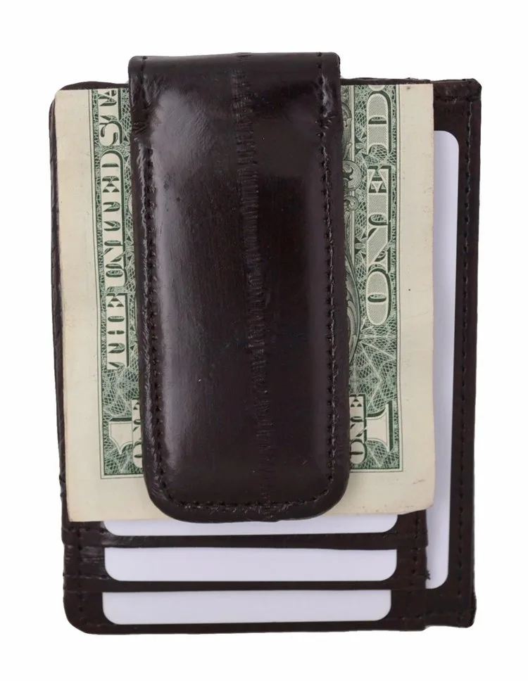 Eel skin money clip and credit card wallet with ID window.