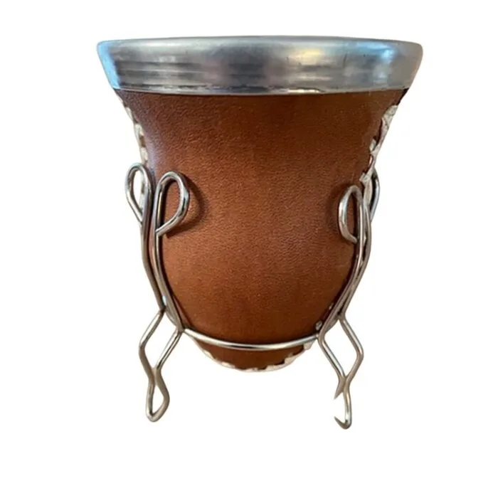 Yerba mate tea gourd with stand - caramel tan leather.