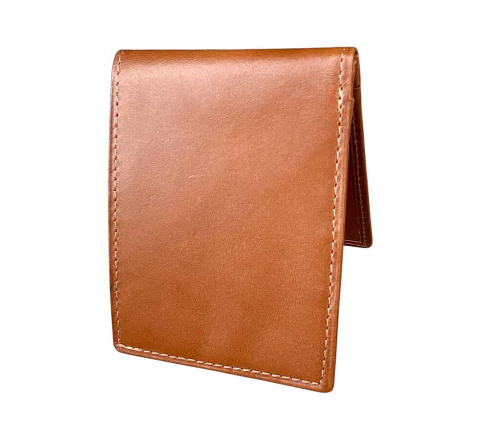 Caramel cowhide leather bifold wallet closed, visible stitching and clean edges.
