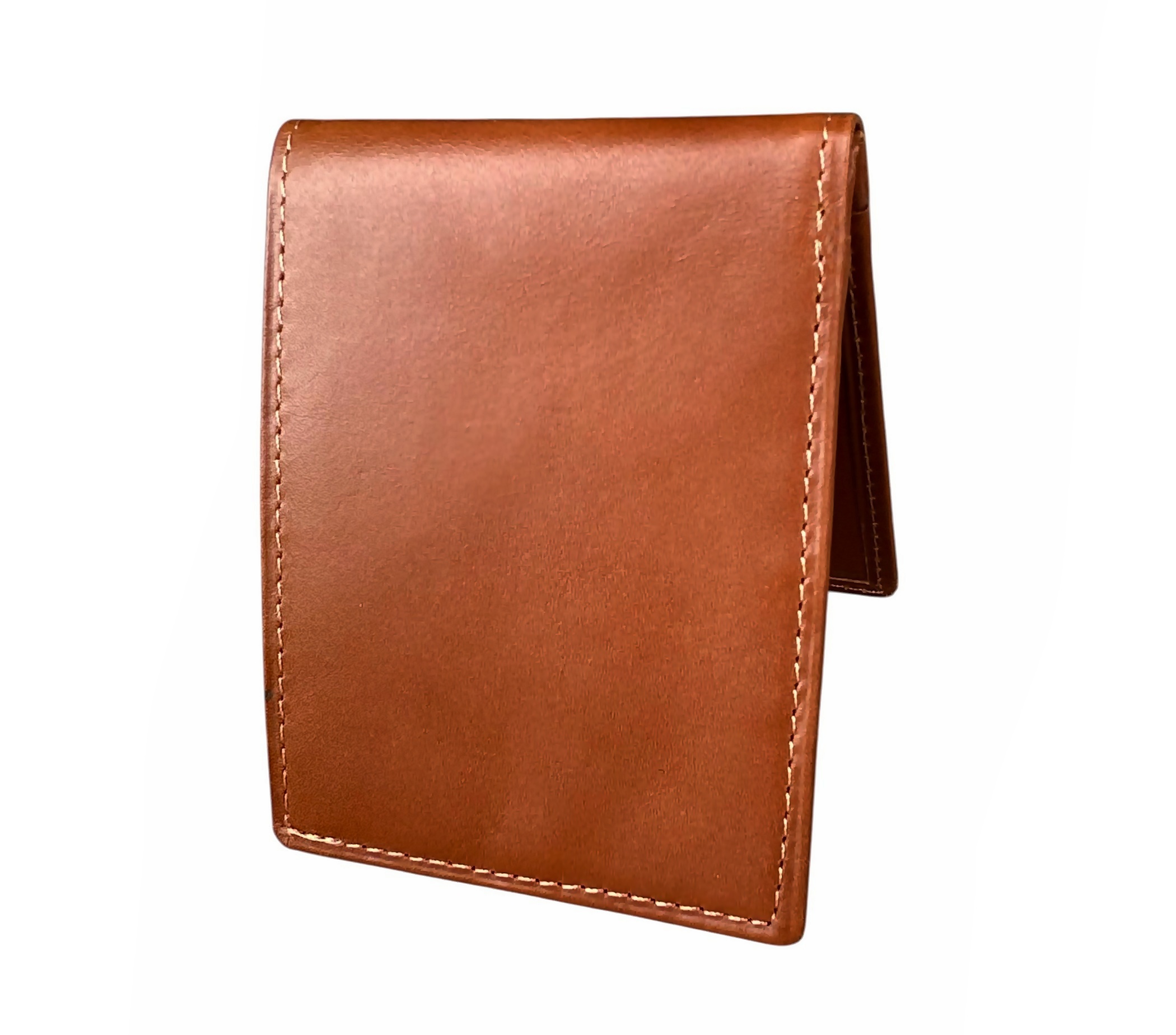 Caramel cowhide leather bifold wallet closed, visible stitching and clean edges.