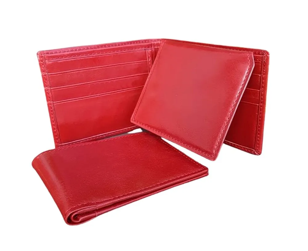 Cowhide red Men's Wallet with flip open ID holder.