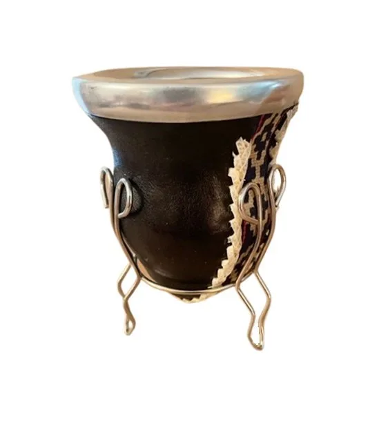 Yerba mate tea gourd with stand - brown suede leather.