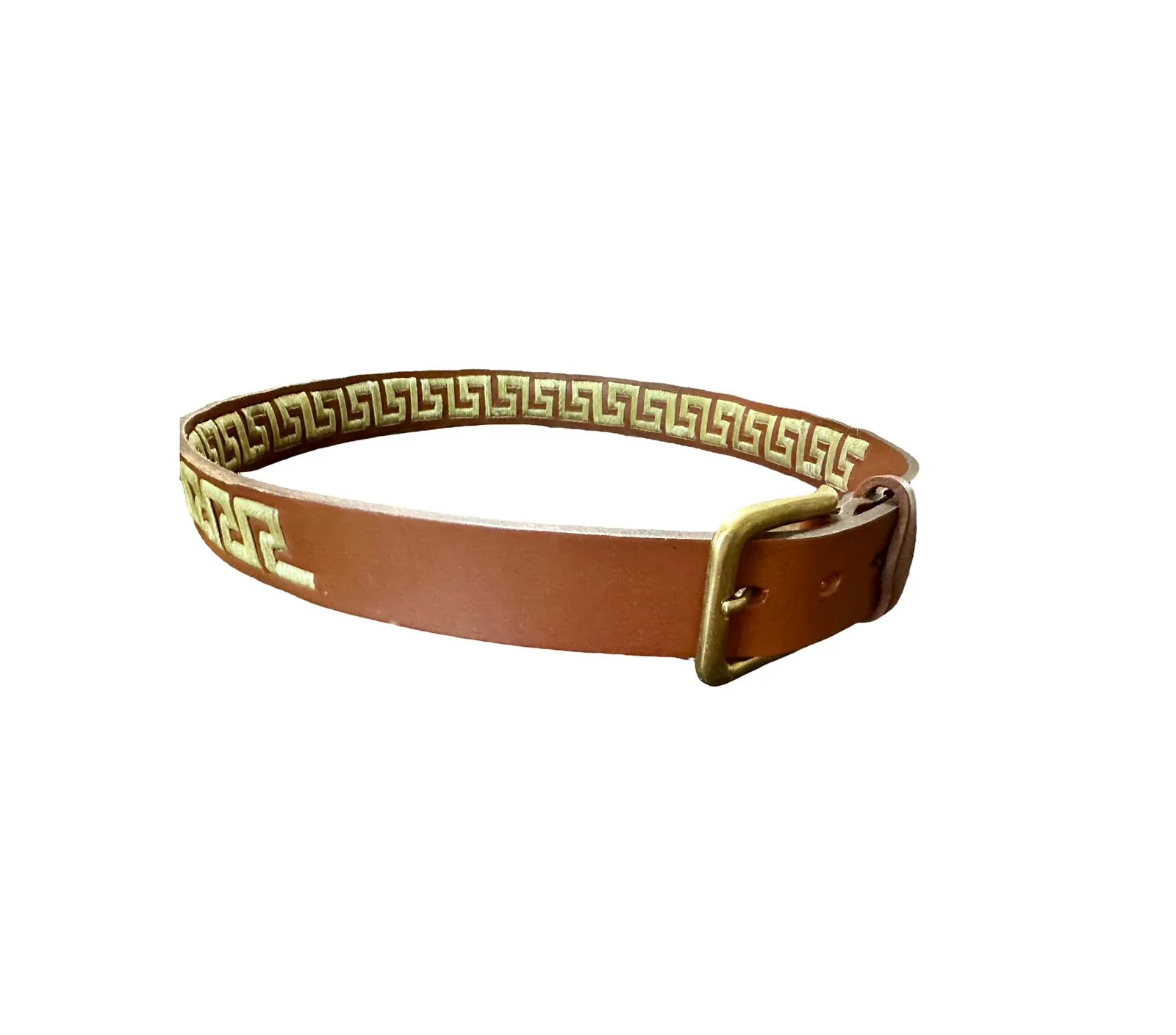 Greek key embroidered belt brown with brass buckle