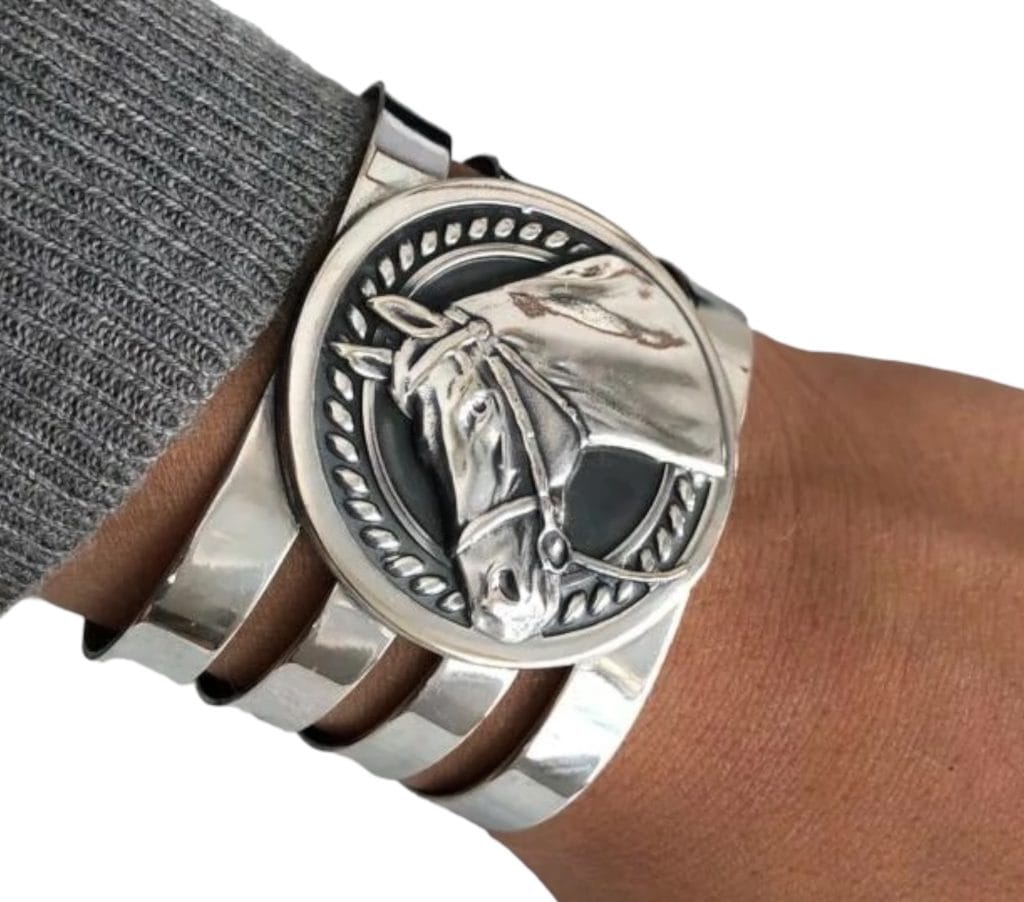 Equestrian cuff bracelet with alpaca silver horse head.