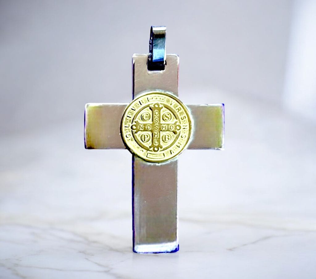 Sterling silver cross with 18k gold St Benedict medal
