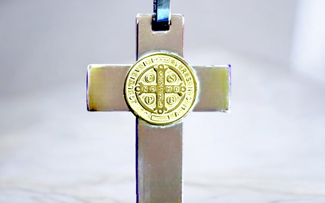 Sterling silver cross with 18k gold St Benedict medal