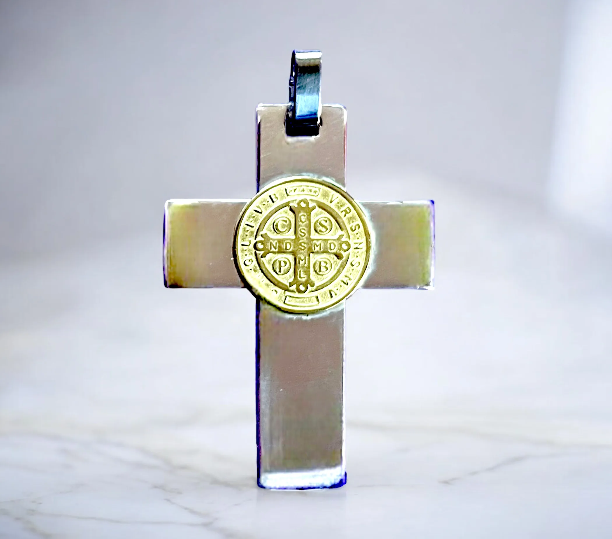 Sterling silver cross with 18k gold St Benedict medal