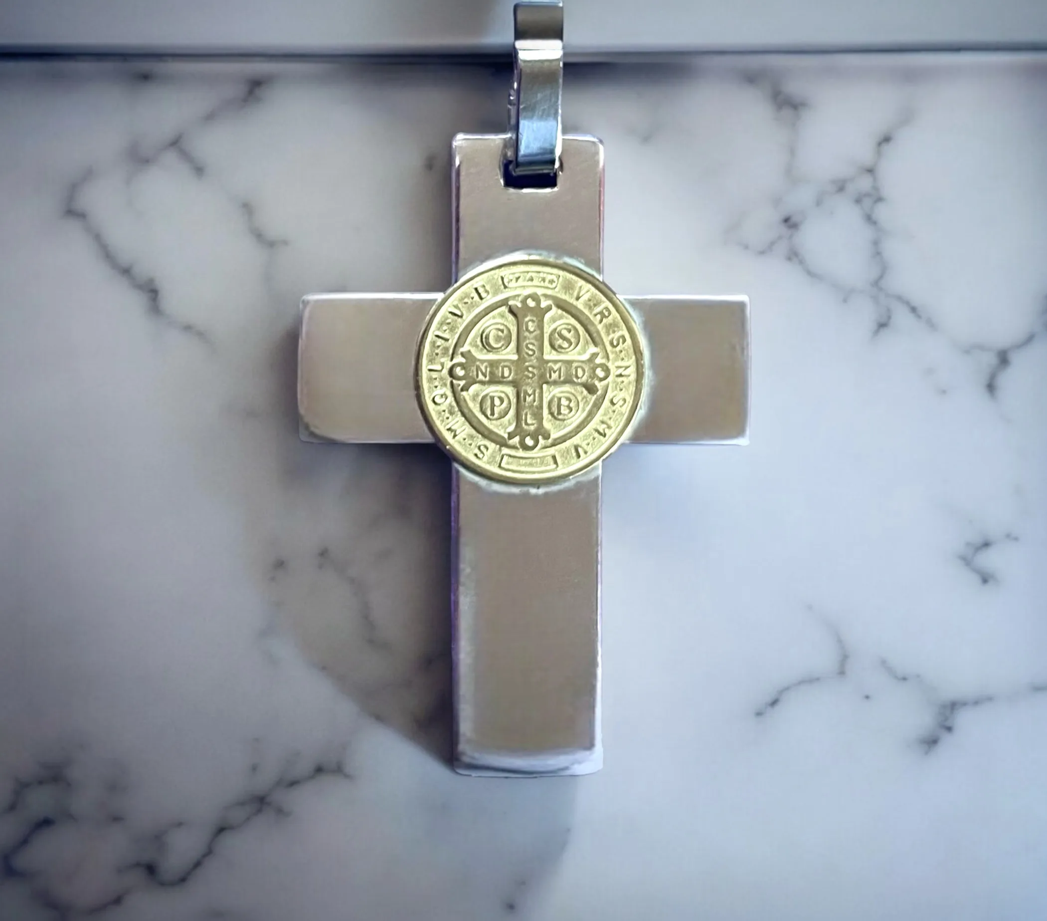 925 Sterling silver cross with 18k gold St Benedict medal
