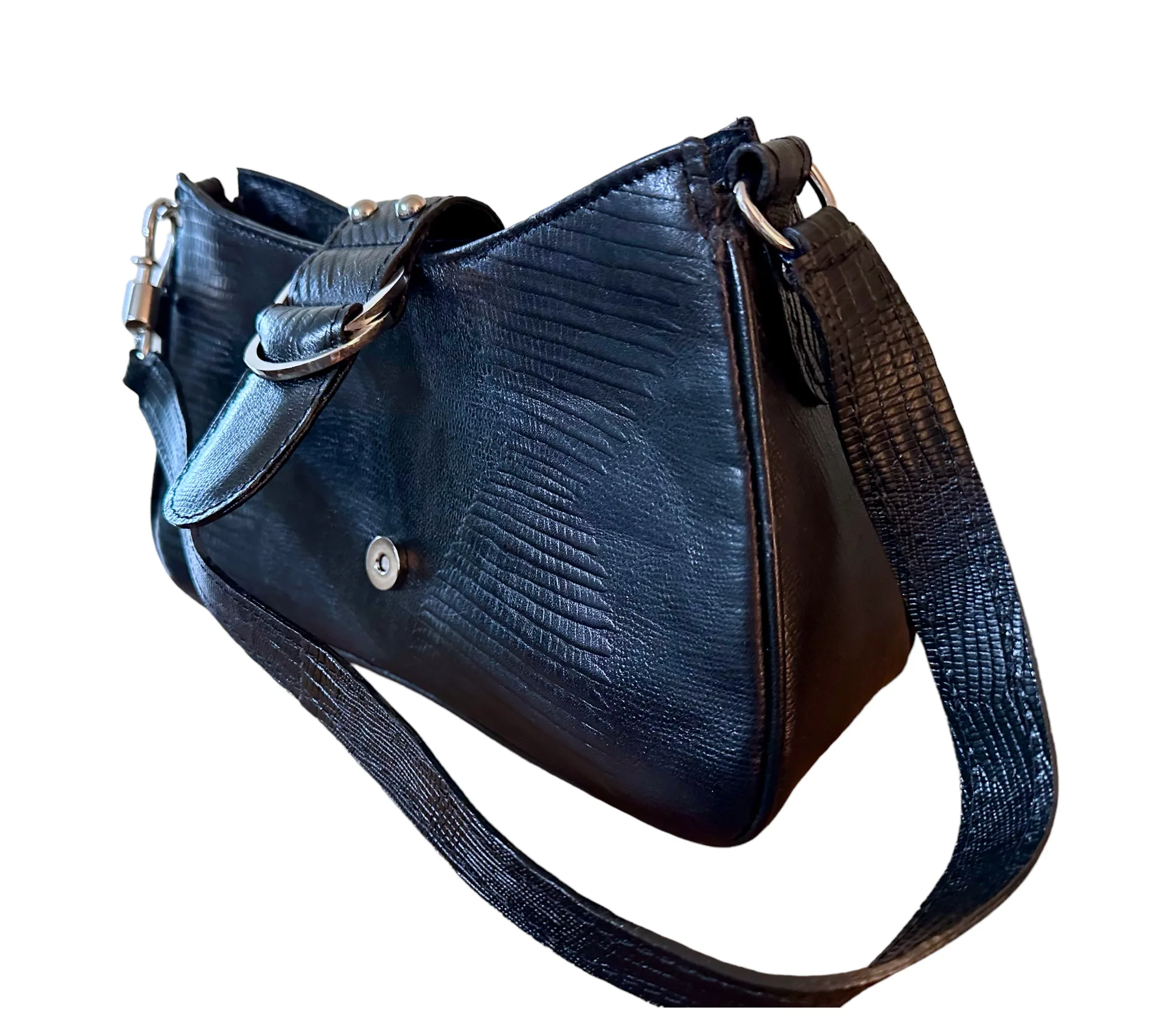 Black Cowhide Baguette Shoulder Bag with Embossed Snake