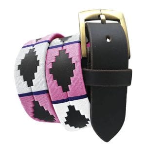 Handcrafted Argentine leather belt with pink & white pampa embroidery.
