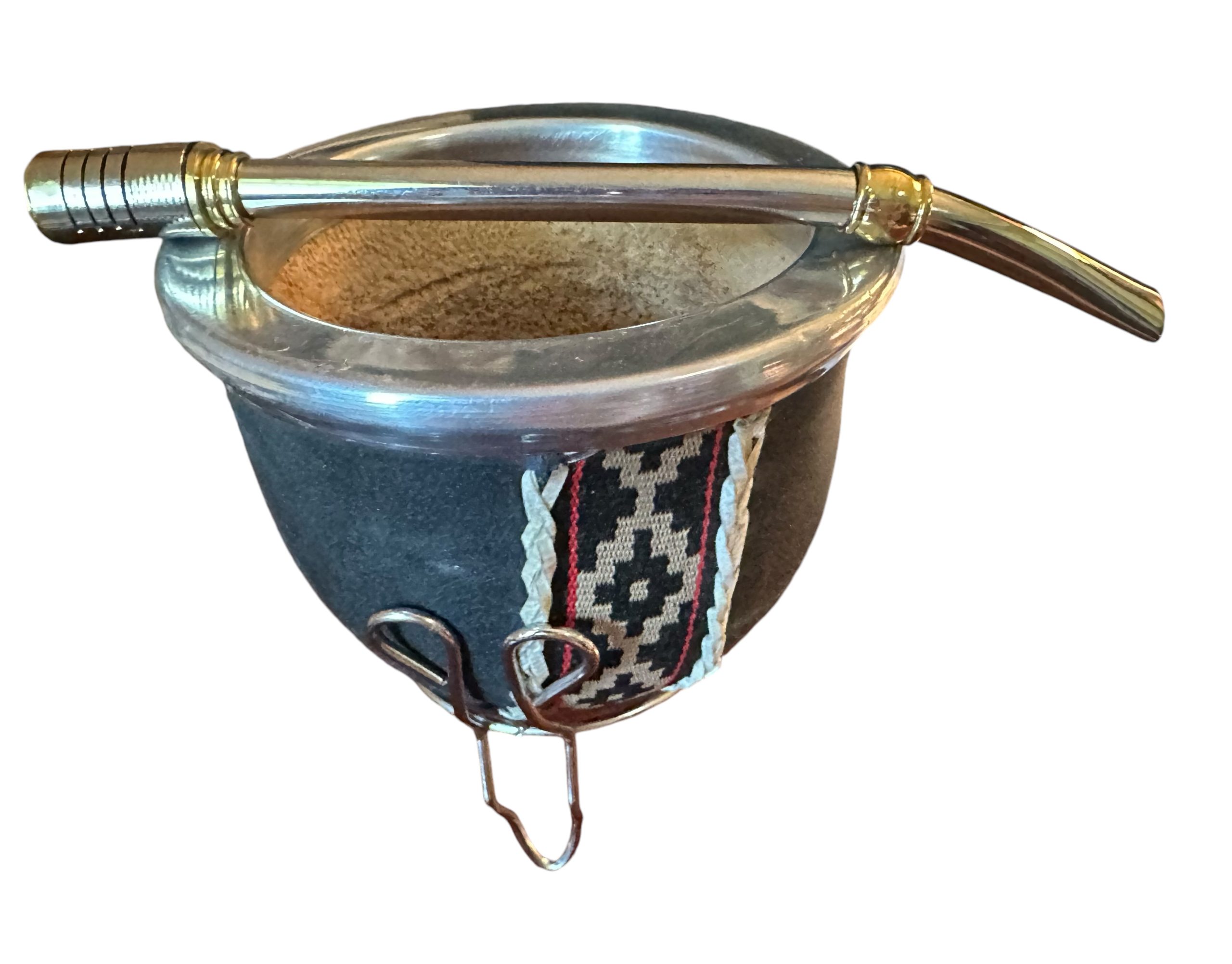 Handmade Mate Gourd Set - Black Leather and Guarda Pampa with Alpaca Silver Accents and Stand