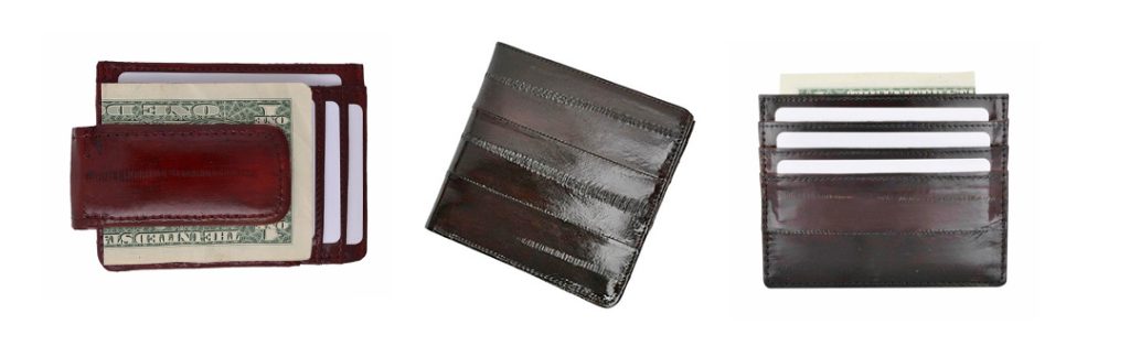 men's wallet, money clip, and id holder made from eel skin.