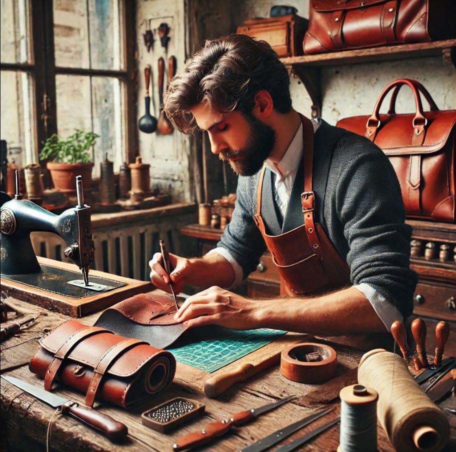 Leather artisan creating leather bags for men.