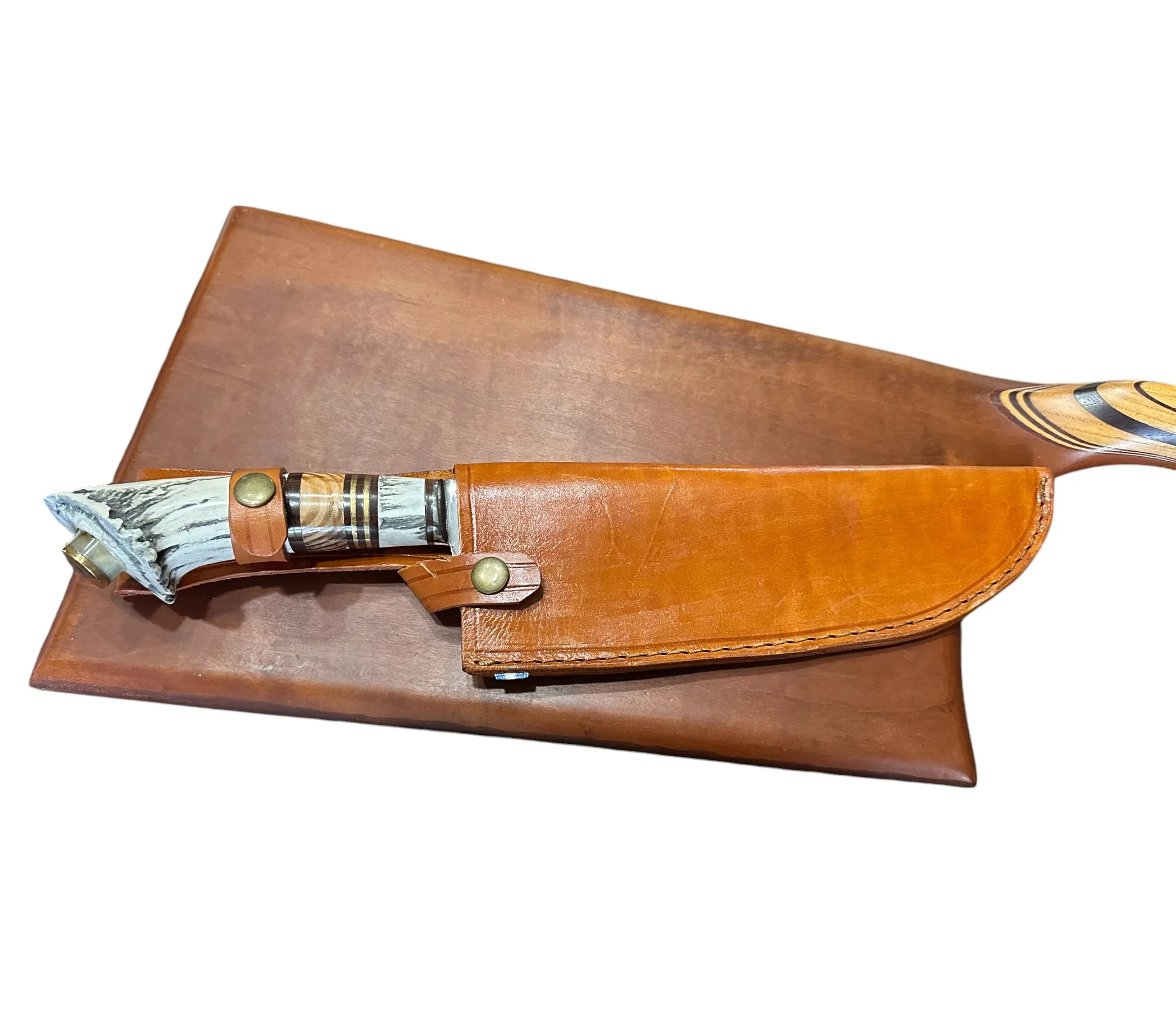 Staghorn with Layered Wood Handle Knife - Full Tang Stainless Steel Blade.