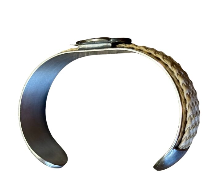 Alpaca Silver Cuff Style Bracelet with Rawhide Leather Braiding and Scalloped Flower Motif
