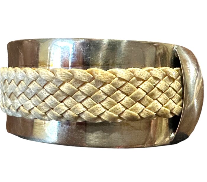 Alpaca Silver Cuff Style Bracelet with Rawhide Leather Braiding and Scalloped Flower Motif.