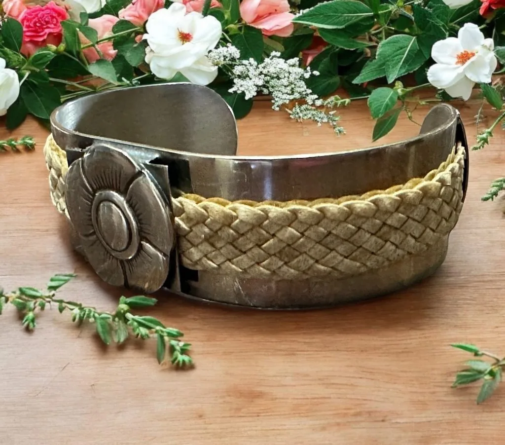 Alpaca Silver Cuff Style Bracelet with Rawhide Leather Braiding and Scalloped Flower Motif