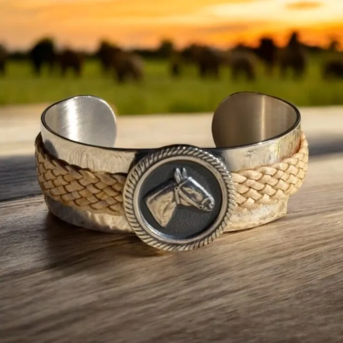Handmade Cuff Style Bracelet - Alpaca Silver with a Horse Head Motif with Rawhide Leather Braiding.