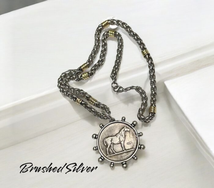 Handmade Stainless Steel and 18kt Gold Necklace with Horse Coin Pendant - Image 5