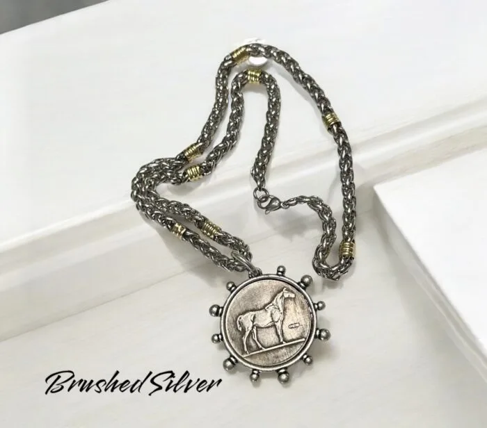Handmade Stainless Steel and 18kt Gold Necklace with Horse Coin Pendant - Image 5