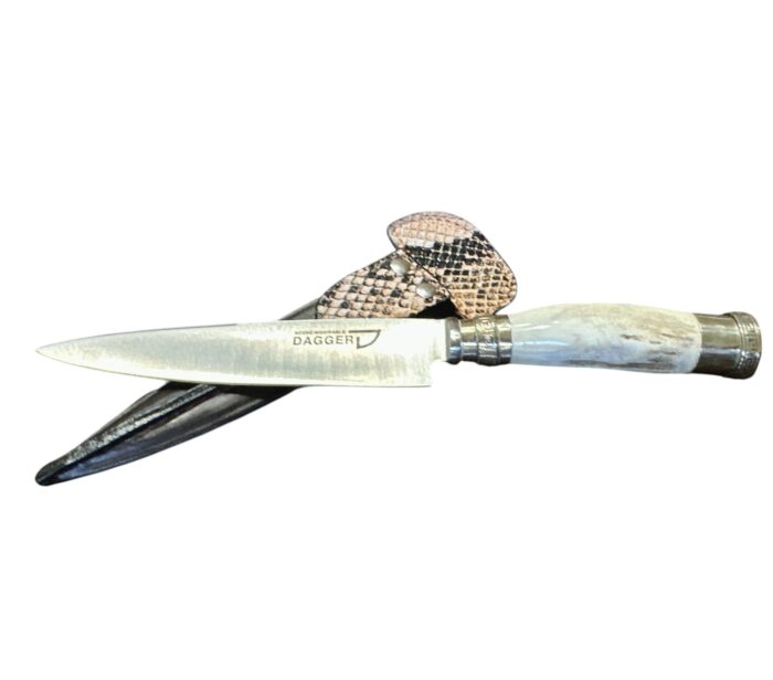 Full View of Handmade Staghorn Gaucho Knife with Engraved Nickel Silver Bolster and Leather Sheath