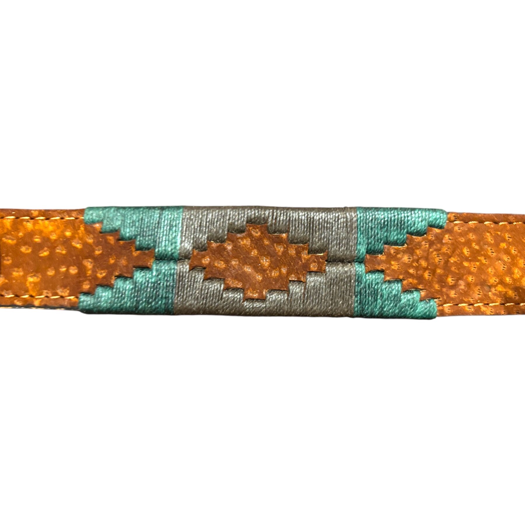 Close-up of a teal and grey Carpincho belt with artisanal embroidery