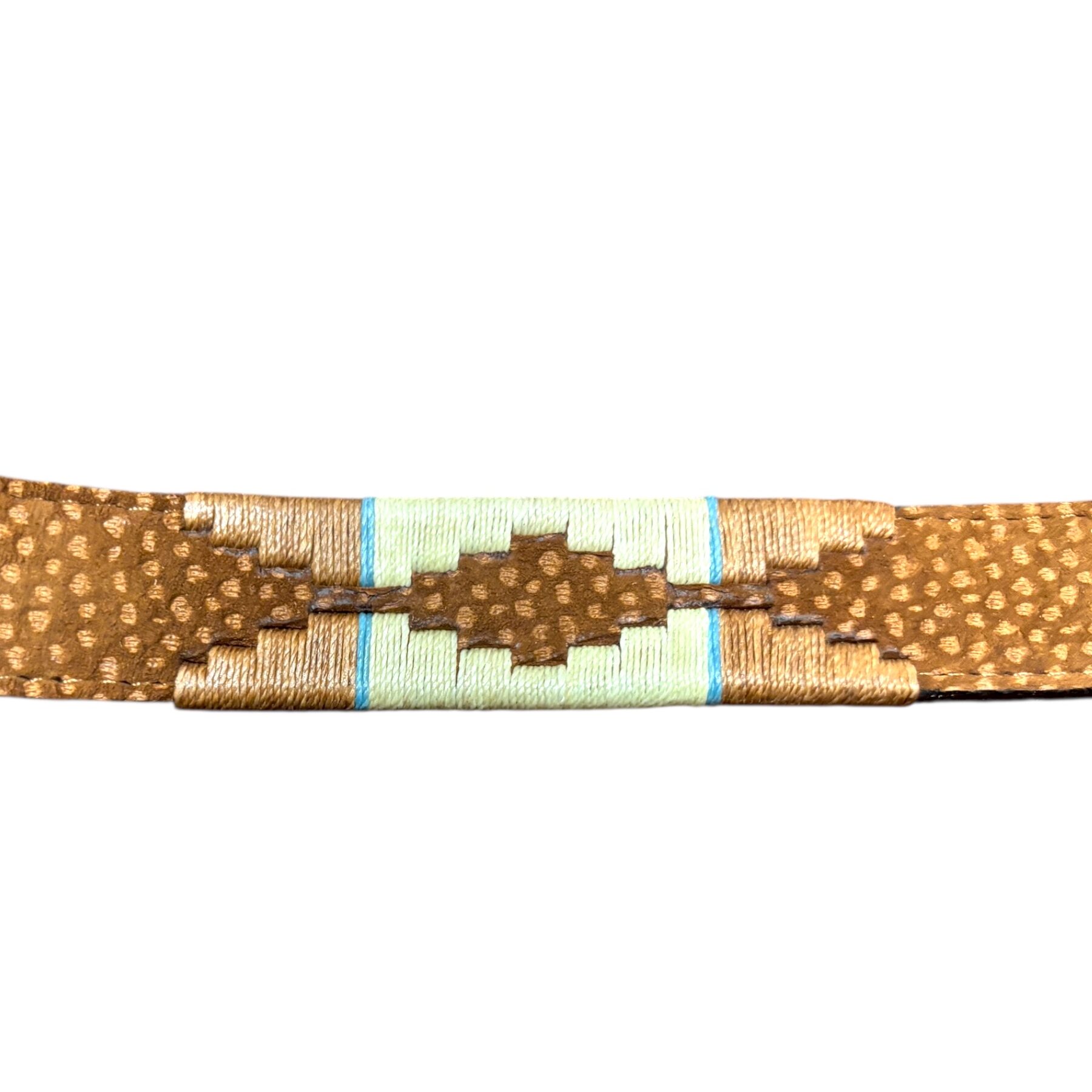 Detail of a beige and light blue Carpincho belt with hand-embroidered design
