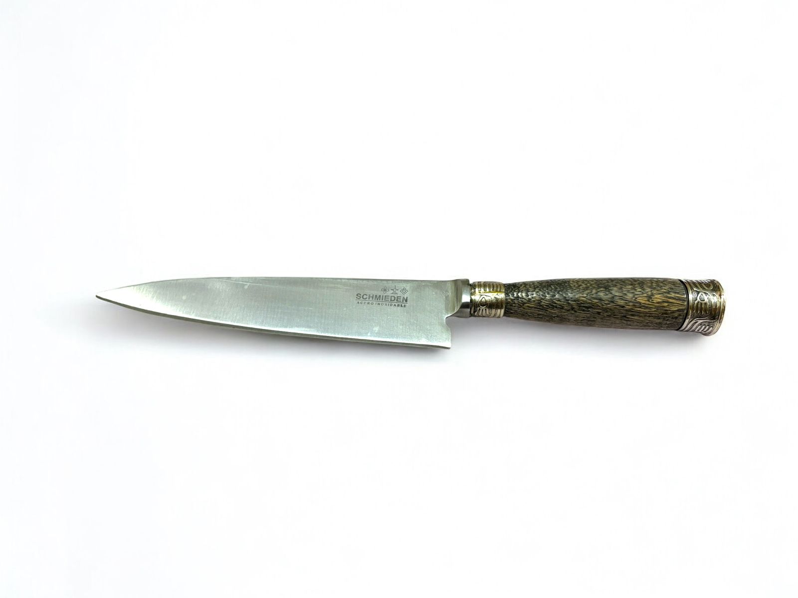 Gaucho heritage knife with Schmieden steel blade, wood handle, and alpaca details